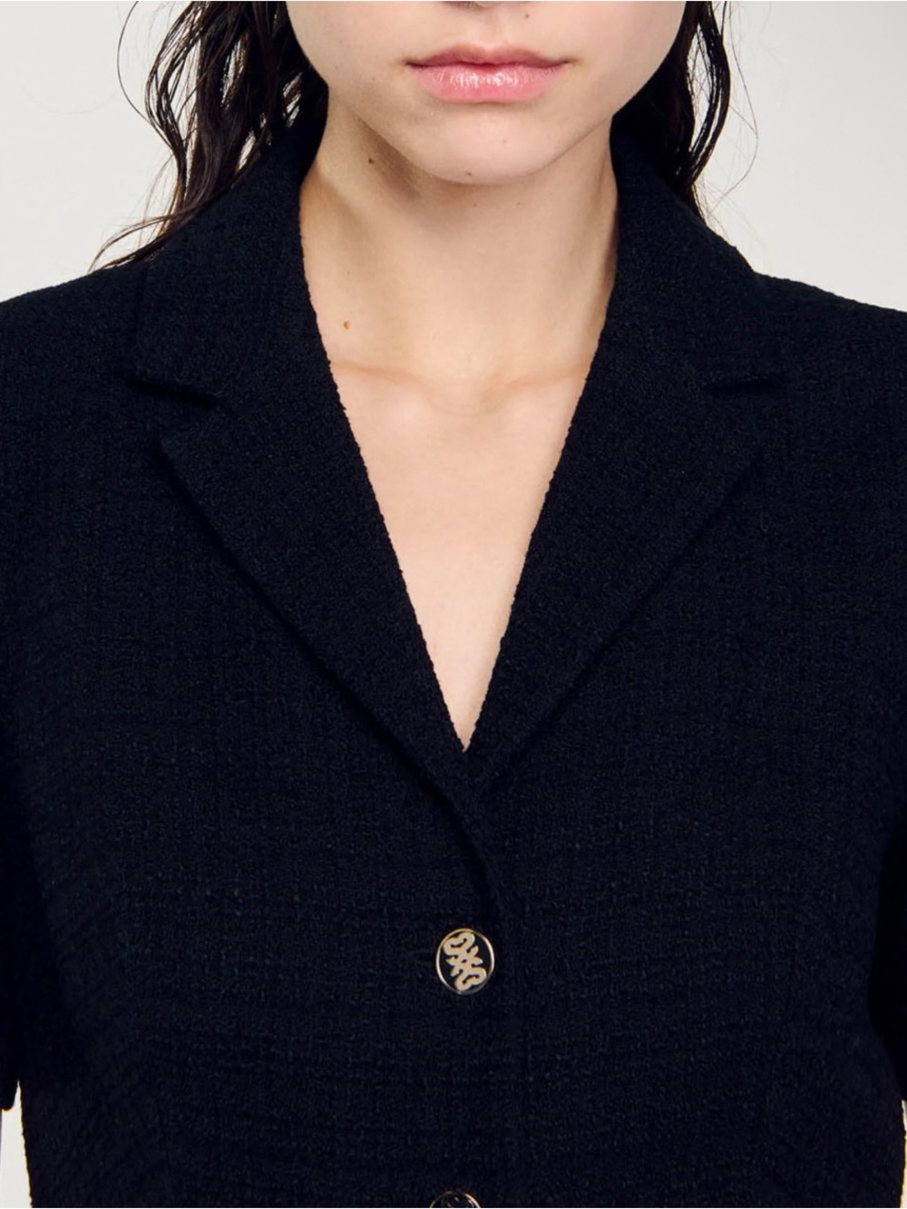 Sandro Black Short-Sleeve Button-Front Tweed Mini Dress - Picture 8 of 10